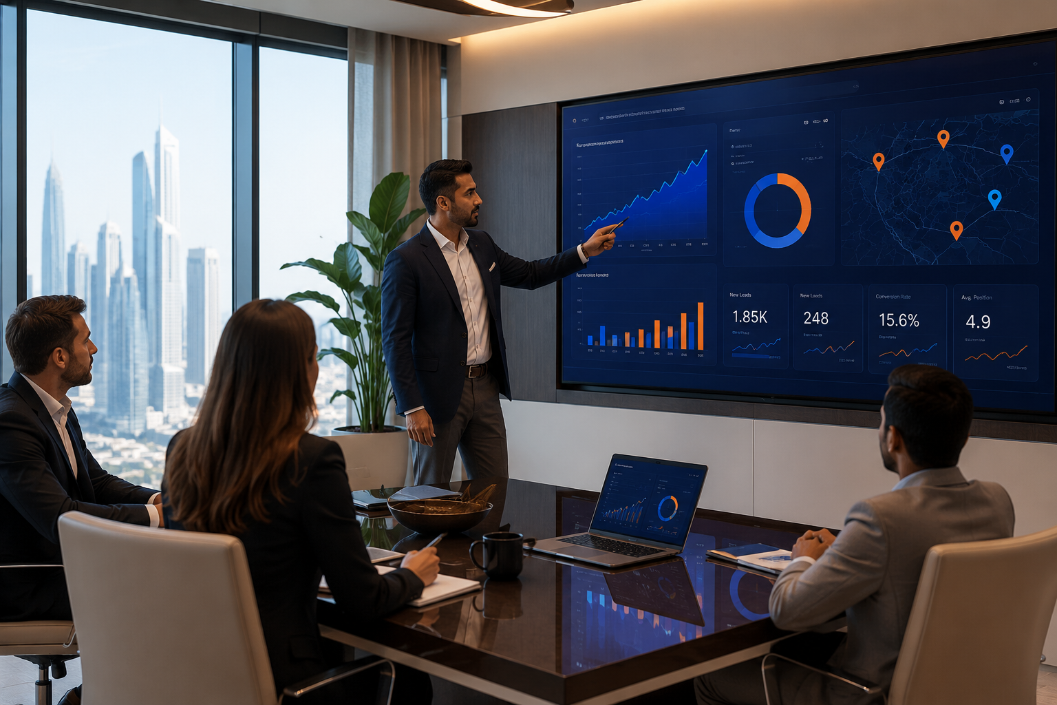 Digital marketing consultant presenting SEO growth analytics and Google Maps visibility metrics to business stakeholders in a modern Dubai boardroom.